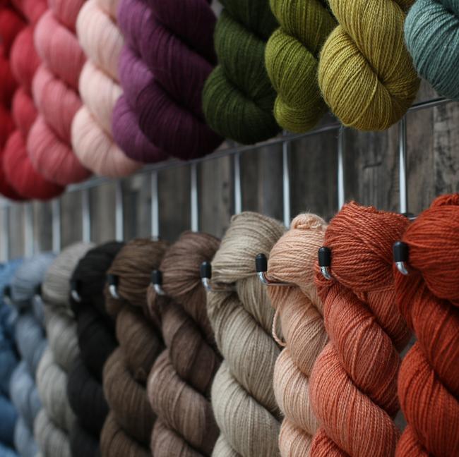 A group of skeins of wool hanging from hooks on a wall, each skein a different shade