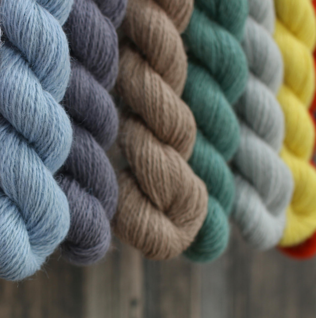 Several skeins of wool each a different colour hanging off a wall